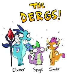 Size: 1936x1936 | Tagged: safe, artist:tjpones, derpibooru import, princess ember, smolder, spike, dragon, bloodstone scepter, dragon lord ember, dragoness, female, intentional spelling error, male, simple background, the derg, trio, white background