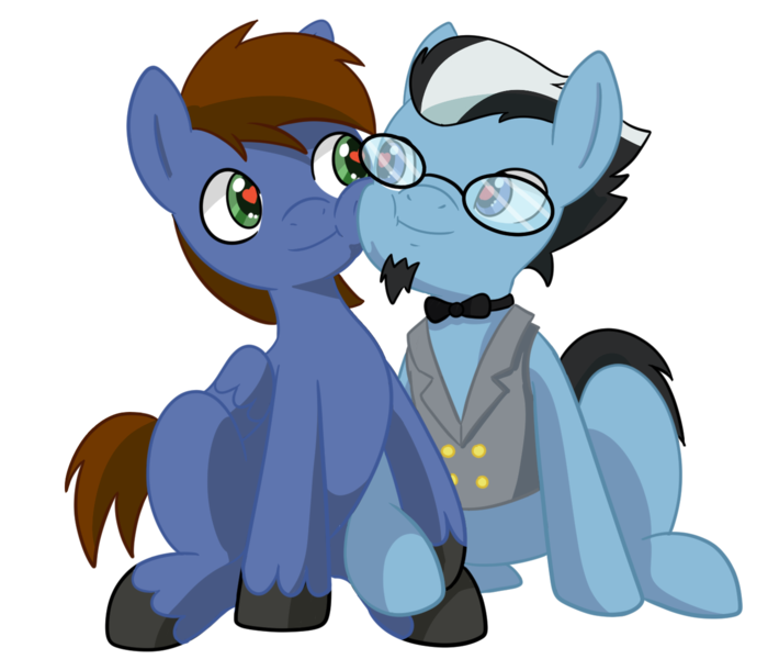 Size: 1400x1200 | Tagged: safe, artist:imposter dude, derpibooru import, oc, oc:pat thundersnow, oc:urmi charpstin, earth pony, pegasus, pony, derpibooru community collaboration, 2021 community collab, bowtie, cheek to cheek, clothes, couple, duo, earth pony oc, glasses, heart eyes, holding hooves, male, pegasus oc, simple background, transparent background, vest, wingding eyes, wings