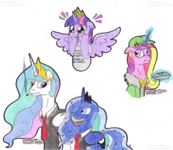 Size: 1349x1167 | Tagged: safe, artist:artistnjc, derpibooru import, princess cadance, princess celestia, princess luna, twilight sparkle, twilight sparkle (alicorn), alicorn, pony, two best sisters play, blush sticker, blushing, clothes, excited, food, hat, hooves on cheeks, jacket, levitation, magic, magic aura, mouth hold, necktie, open mouth, pie, sandwich, shirt, simple background, smiling, smoking, spread wings, suit, super best friends play, super best sisters play, telekinesis, wings