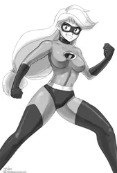 Size: 1000x1480 | Tagged: applejack, artist:johnjoseco, breasts, busty applejack, clothes, cosplay, costume, derpibooru import, elastigirl, female, grin, human, humanized, monochrome, open mouth, safe, smiling, superhero costume, the incredibles