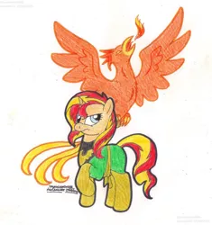 Size: 985x1049 | Tagged: safe, artist:artistnjc, derpibooru import, sunset shimmer, phoenix, pony, unicorn, clothes, cosplay, costume, crossover, fiery shimmer, fire, frown, raised hoof, simple background, solo, superhero, the phoenix force, x-men