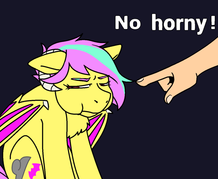 Size: 1223x1005 | Tagged: safe, artist:/d/non, derpibooru import, oc, oc:anon, oc:star shower, unofficial characters only, bat pony, succubus, succubus pony, black background, chest fluff, horns, narrowed eyes, pet shaming, pointing, puffed cheeks, shame, simple background
