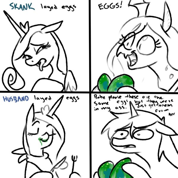 Size: 1200x1200 | Tagged: suggestive, artist:pony quarantine, derpibooru import, princess cadance, queen chrysalis, shining armor, alicorn, changeling, changeling queen, pony, unicorn, bib, changeling egg, comic, dexterous hooves, drakeposting, eating, egg, female, fork, hoof hold, hotline bling, implied oviposition, knife, male, mare, meme, monochrome, neo noir, partial color, simple background, stallion, tongue out, white background