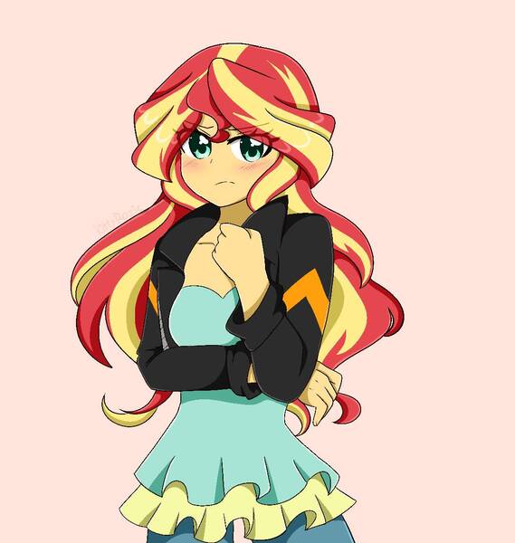 Size: 1125x1187 | Tagged: safe, artist:kittyrosie, derpibooru import, sunset shimmer, equestria girls, anime, blushing, cute, female, looking at you, pink background, shimmerbetes, simple background, solo