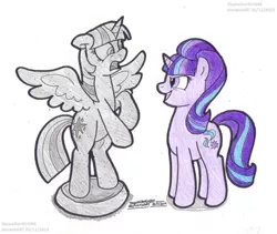 Size: 1121x947 | Tagged: safe, artist:artistnjc, derpibooru import, part of a set, starlight glimmer, twilight sparkle, twilight sparkle (alicorn), alicorn, pony, unicorn, the cutie re-mark, abuse, bad end, bipedal, evil grin, evil starlight, female, grin, gulag, image, jpeg, mare, petrification, rearing, s5 starlight, simple background, smiling, spread wings, stone, the bad guy wins, this will end in communism, traditional art, transformation, trapped, turned to stone, twilybuse, victorious villain, white background, wings
