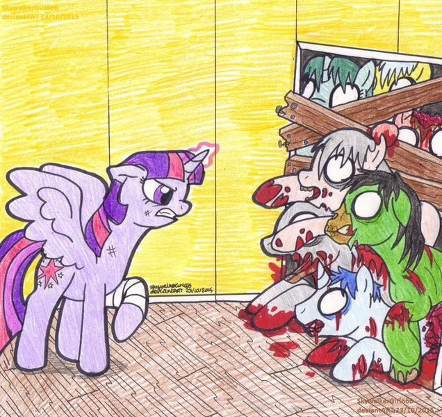 Size: 1103x1041 | Tagged: grimdark, artist:artistnjc, derpibooru import, twilight sparkle, twilight sparkle (alicorn), alicorn, earth pony, pony, undead, unicorn, zombie, zombie pony, bandaged leg, barricade, blank eyes, bleeding, blood, exposed bone, magic, magic aura, raised hoof, spread wings, torn flesh, wings