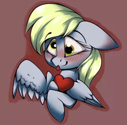 Size: 1706x1687 | Tagged: safe, artist:arume_lux, derpibooru import, derpy hooves, pegasus, blushing, blushing ears, cute, derpabetes, female, floppy ears, smiling, solo, tongue out