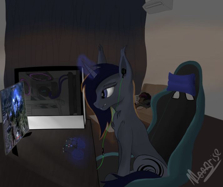 Size: 1625x1367 | Tagged: safe, artist:marimora, derpibooru import, oc, oc:taylor gans, oc:tenebris rokepin, unofficial characters only, bat pony, pony, unicorn, bat pony oc, bat wings, chair, computer, controller, couple, earbuds, female, game, gamer, male, wings