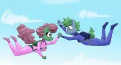 Size: 2000x1091 | Tagged: anthro, artist:flutterthrash, clothes, commission, derpibooru import, falling, harness, holding hands, jumpsuit, oc, oc:software patch, oc:windcatcher, parachute, safe, skydiving, tack, unofficial characters only, windpatch