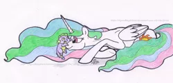 Size: 1571x759 | Tagged: safe, artist:artistnjc, derpibooru import, princess celestia, spike, alicorn, dragon, pony, baby, baby spike, cute, hatchling, image, jpeg, lying down, momlestia, playing, prone, size difference, smiling, smol, spikabetes, spikelove, traditional art, younger