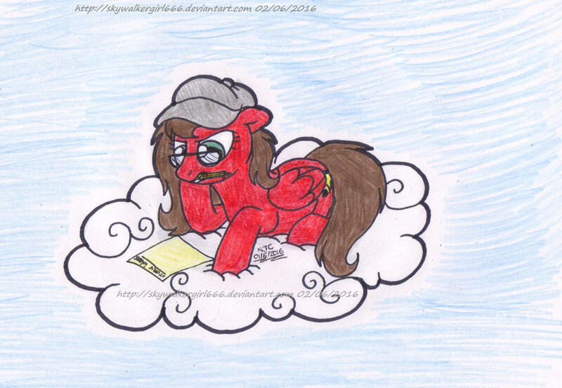 Size: 1233x853 | Tagged: safe, artist:artistnjc, derpibooru import, oc, oc:jayfeather, unofficial characters only, pegasus, pony, cloud, glasses, hat, hoof on chin, lying down, lying on a cloud, mouth hold, on a cloud, paper, pencil, simple background, solo, thinking