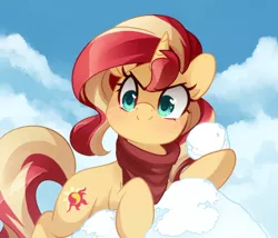 Size: 1168x1000 | Tagged: safe, artist:loyaldis, derpibooru import, sunset shimmer, pony, unicorn, clothes, cloud, cute, evil grin, female, grin, heart eyes, mare, pure unfiltered evil, scarf, shimmerbetes, sky, smiling, snow, snowball, solo, wingding eyes, winter