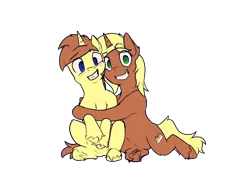 Size: 4000x3000 | Tagged: safe, artist:toanderic, derpibooru import, oc, oc:cream pie, oc:sugar pie, unofficial characters only, pony, unicorn, derpibooru community collaboration, 2021 community collab, blushing, grin, high res, hug, hugging a pony, nervous, nervous grin, siblings, simple background, sitting, smiling, transparent background