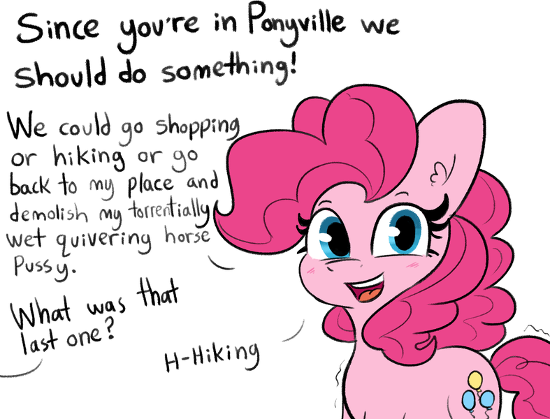 Size: 2732x2082 | Tagged: suggestive, artist:tjpones, derpibooru import, pinkie pie, earth pony, pony, and that's how li'l cheese was made, blatant lies, dialogue, estrus, female, high res, horse pussy, looking at you, mare, offscreen character, propositioning, shivering, simple background, solo, solo female, subtle as a train wreck, talking to viewer, vulgar, white background