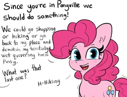 Size: 2732x2082 | Tagged: suggestive, artist:tjpones, derpibooru import, pinkie pie, earth pony, pony, and that's how li'l cheese was made, blatant lies, dialogue, estrus, female, high res, horse pussy, looking at you, mare, offscreen character, propositioning, shivering, simple background, solo, solo female, subtle as a train wreck, talking to viewer, vulgar, white background