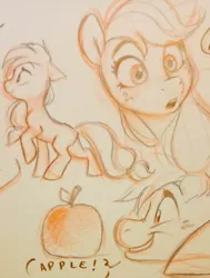 Size: 1546x2048 | Tagged: safe, artist:imalou, derpibooru import, applejack, big macintosh, earth pony, apple, female, food, freckles, male, simple background, sketch, smiling, surprised, that pony sure does love apples, traditional art