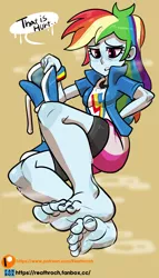 Size: 748x1308 | Tagged: suggestive, artist:reathroch, derpibooru import, rainbow dash, human, equestria girls, barefoot, boots, breasts, clothes, engrish, feet, fetish, foot fetish, holding shoes, humanized, shoes, shoes removed, soles, speech bubble, steam, sweat, sweaty feet, toes