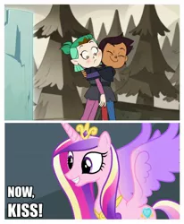 Size: 1275x1549 | Tagged: safe, derpibooru import, princess cadance, amity blight, grin, hug, luz noceda, now kiss, princess of shipping, shipper on deck, smiling, the owl house