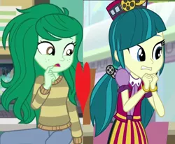 Size: 466x384 | Tagged: safe, deleted from derpibooru, derpibooru import, edit, edited screencap, screencap, juniper montage, wallflower blush, equestria girls, equestria girls series, forgotten friendship, mirror magic, spoiler:eqg specials, female, heart, juniblush, lesbian, shipping, shipping domino, wrong aspect ratio