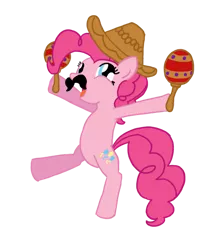 Size: 900x1012 | Tagged: safe, artist:nikkydash, derpibooru import, pinkie pie, earth pony, pony, bipedal, facial hair, fiesta, maracas, moustache, musical instrument, simple background, solo, sombrero, standing, standing on one leg, transparent background, vector