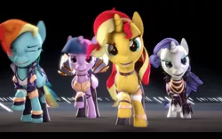 Size: 1440x900 | Tagged: safe, artist:redaceofspades, derpibooru import, rainbow dash, rarity, sunset shimmer, twilight sparkle, twilight sparkle (alicorn), alicorn, pegasus, pony, unicorn, 3d, ahri, akali, clothes, collar, dancing, evelynn, eyes closed, k/da, kaisa, league of legends, open mouth, raised hoof, sfm pony, socks, source filmmaker, thigh highs, youtube link