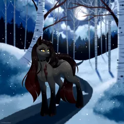 Size: 3000x3000 | Tagged: safe, artist:ohhoneybee, derpibooru import, oc, oc:vera, unofficial characters only, earth pony, pony, beautiful, female, forest, high res, mare, moon, night, snow, snowfall, solo, tree