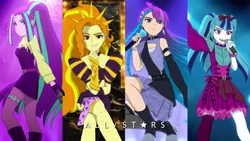 Size: 2000x1125 | Tagged: safe, artist:fantasygerard2000, derpibooru import, adagio dazzle, aria blaze, sonata dusk, oc, oc:magus eveningstar, equestria girls, alternate hairstyle, belt, boots, bow, braid, clothes, cropped, disguise, disguised siren, dress, fingerless gloves, gloves, hair accessory, jewelry, long socks, microphone, outfit, pigtails, ponytail, popstar, ribbon, shoes, skirt, spotlight, the dazzlings, throne
