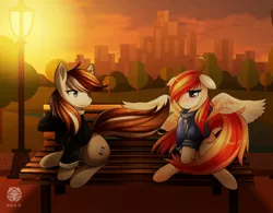 Size: 1600x1250 | Tagged: safe, artist:xmfranz, derpibooru import, oc, oc:felix gulfstream, oc:斑仔, unofficial characters only, earth pony, pegasus, pony, bench, brothers, city, cityscape, dusk, lantern, male, park, siblings, sitting