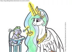 Size: 1425x1033 | Tagged: safe, artist:artistnjc, derpibooru import, princess celestia, spike, alicorn, dragon, pony, baby, baby spike, feeding, happy, hatchling, highchair, magic, magic aura, momlestia, simple background, smiling, younger