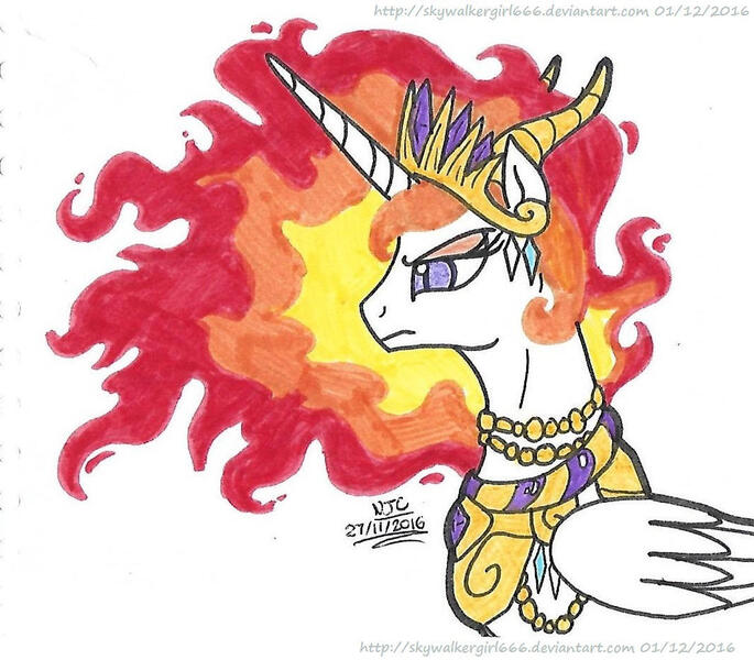 Size: 1063x931 | Tagged: safe, artist:artistnjc, derpibooru import, nightmare star, princess celestia, oc, oc:solar flare, alicorn, pony, crown, crystal, evil celestia, female, fire, image, jewelry, jpeg, mane of fire, mare, necklace, profile, regalia, side view, simple background, slit eyes, snake eyes, solo, traditional art, vertical pupils