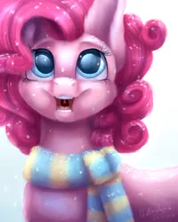 Size: 4000x5000 | Tagged: safe, artist:themessyfangirl, derpibooru import, pinkie pie, earth pony, pony, clothes, colored pupils, cute, diapinkes, female, happy, mare, open mouth, scarf, snow, snowfall, solo, weapons-grade cute, winter