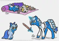 Size: 1524x1057 | Tagged: safe, artist:artistnjc, derpibooru import, oc, oc:lady willow wisp, pony, unicorn, braided tail, determined look, dungeons and dragons, female, filly, foal, levitation, magic, ogres and oubliettes, pen and paper rpg, rpg, solo, stuffed animals, sword, teenager, telekinesis, toy, weapon, wooden sword