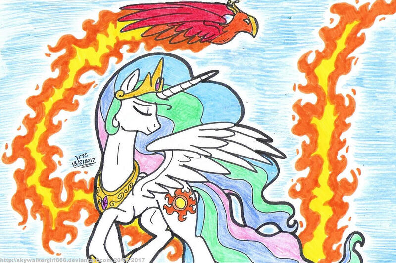 Size: 1569x1041 | Tagged: safe, artist:artistnjc, banned from derpibooru, deleted from derpibooru, derpibooru import, philomena, princess celestia, alicorn, phoenix, pony, colored, colored pencil drawing, duo, eyes closed, female, fire, fire trail, image, jpeg, mare, pet, raised hoof, regal, royalty, simple background, smiling, spread wings, traditional art, wings