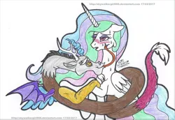 Size: 1525x1049 | Tagged: suggestive, artist:artistnjc, banned from derpibooru, deleted from derpibooru, derpibooru import, discord, princess celestia, alicorn, draconequus, pony, aroused, bedroom eyes, blushing, dislestia, face licking, female, floppy ears, flushed face, forked tongue, hot and bothered, hug, image, jpeg, licking, long tongue, male, mare, shipping, simple background, smiling, straight, sweat, tongue out, traditional art