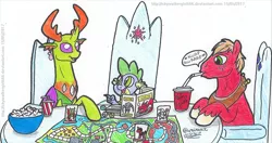 Size: 1876x990 | Tagged: safe, artist:artistnjc, derpibooru import, big macintosh, spike, thorax, changedling, changeling, dragon, earth pony, pony, cutie map, deviantart, drink, drinking straw, dungeons and dragons, food, friendship throne, guys night, image, jpeg, king thorax, ogres and oubliettes, pen and paper rpg, popcorn, roleplaying, rpg, simple background, soda, tabletop game, traditional art, unshorn fetlocks