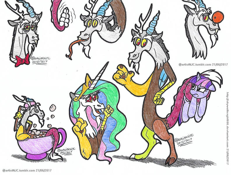 Size: 2113x1601 | Tagged: safe, artist:artistnjc, banned from derpibooru, deleted from derpibooru, derpibooru import, discord, twilight sparkle, twilight sparkle (alicorn), alicorn, draconequus, pony, celestial advice, dungeons and discords, what about discord?, annoyed, bathing, bowtie, cup, discord's celestia face, food, glasses, hisscord, image, jpeg, open mouth, orange, ponies balancing stuff on their nose, prehensile tail, simple background, snake tongue, teacup, tongue out, unamused