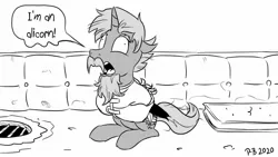 Size: 1200x675 | Tagged: safe, artist:pony-berserker, derpibooru import, oc, oc:quill heart, alicorn, bat pony, bat pony alicorn, asylum, bat wings, beard, bondage, facial hair, grate, horn, insanity, mattress, monochrome, moustache, pony-berserker's twitter sketches, stippling, straitjacket, wings