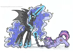Size: 2129x1549 | Tagged: semi-grimdark, artist:artistnjc, banned from derpibooru, deleted from derpibooru, derpibooru import, nightmare moon, twilight sparkle, alicorn, hengstwolf, pony, unicorn, werewolf, wolf, wolf pony, bad end, bat wings, butt fluff, chained, chains, cheek fluff, claws, collar, crying, duo, enslaved, ethereal mane, evil grin, eye contact, face down ass up, fangs, female, fluffy, glare, grin, gritted teeth, hybrid wings, image, jpeg, leash, leg fluff, lidded eyes, looking at each other, magic, mare, messy mane, paws, pet, prisoner, simple background, slave, smiling, smirk, spiked collar, spread wings, starry mane, tears of pain, telekinesis, the bad guy wins, traditional art, transformation, twiwolf, unicorn twilight, white background, wing claws, wings
