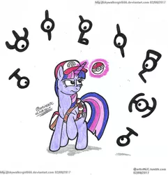 Size: 1533x1589 | Tagged: safe, artist:artistnjc, banned from derpibooru, deleted from derpibooru, derpibooru import, twilight sparkle, pony, unicorn, unown, colored pencil drawing, crossover, determined, determined look, female, image, jpeg, levitation, magic, magic aura, mare, newbie artist training grounds, pokéball, pokémon, simple background, solo, telekinesis, traditional art, unicorn twilight, video game crossover