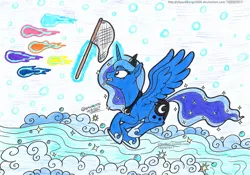 Size: 2157x1513 | Tagged: safe, artist:artistnjc, banned from derpibooru, deleted from derpibooru, derpibooru import, princess luna, alicorn, pony, bubble, butterfly net, chase, clenched teeth, dream realm, dream walker luna, dreamscape, ethereal mane, glowing horn, horn, image, jpeg, magic, net, newbie artist training grounds, panicking, running, solo, spread wings, traditional art, wings