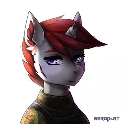 Size: 1300x1300 | Tagged: safe, artist:serodart, derpibooru import, oc, unicorn, broken horn, bust, commission, horn, male, portrait, solo