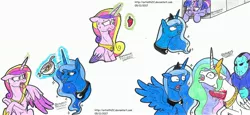 Size: 3252x1501 | Tagged: semi-grimdark, artist:artistnjc, derpibooru import, princess cadance, princess celestia, princess luna, twilight sparkle, twilight sparkle (alicorn), alicorn, human, pony, two best sisters play, air vent, blood, cereal, disgusted, food, friday the 13th, jason voorhees, machete, open mouth, stabbed, super best sisters play, tongue out