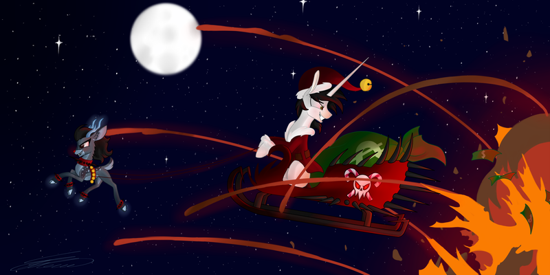 Size: 4000x2000 | Tagged: safe, artist:crystalcontemplator, derpibooru import, oc, unofficial characters only, deer, pony, reindeer, christmas, duo, explosion, flying, full moon, glowing horn, hat, holiday, horn, magic, moon, night, santa hat, santa sack, sled, smiling, smirk, stars, telekinesis