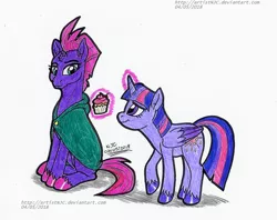 Size: 1725x1365 | Tagged: safe, artist:artistnjc, derpibooru import, fizzlepop berrytwist, tempest shadow, twilight sparkle, twilight sparkle (alicorn), alicorn, pony, unicorn, my little pony: the movie, cupcake, food, friendship, hooded cape, kindness, levitation, magic, magic aura, offering, smiling, telekinesis