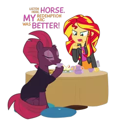 Size: 1200x1260 | Tagged: safe, artist:dm29, derpibooru import, sunset shimmer, tempest shadow, unicorn, equestria girls, broken horn, cupcake, drinking, eye scar, eyes closed, food, horn, open mouth, pillow, pointing at self, redemption, scar, simple background, table, tea, transparent background