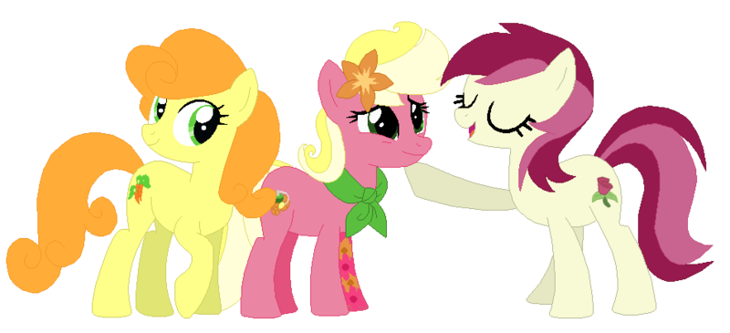 Size: 953x435 | Tagged: safe, artist:acuteexposure, artist:box-of-ideas, artist:selenaede, derpibooru import, carrot top, golden harvest, roseluck, oc, oc:floral fragrance (ice1517), earth pony, pony, icey-verse, base used, carrotluck, clothes, commission, eyes closed, family, female, flower, flower in hair, lesbian, magical lesbian spawn, mare, mother and child, mother and daughter, offspring, open mouth, parent:carrot top, parent:roseluck, parents:carrotluck, raised hoof, scarf, shipping, simple background, solo, tattoo, transparent background