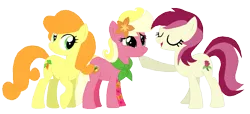 Size: 953x435 | Tagged: safe, artist:acuteexposure, artist:box-of-ideas, artist:selenaede, derpibooru import, carrot top, golden harvest, roseluck, oc, oc:floral fragrance (ice1517), earth pony, pony, icey-verse, base used, carrotluck, clothes, commission, eyes closed, family, female, flower, flower in hair, lesbian, magical lesbian spawn, mare, mother and child, mother and daughter, offspring, open mouth, parent:carrot top, parent:roseluck, parents:carrotluck, raised hoof, scarf, shipping, simple background, solo, tattoo, transparent background