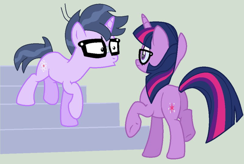 Size: 1060x712 | Tagged: safe, artist:jadethepegasus, derpibooru import, microchips, sci-twi, twilight sparkle, ponified, pony, unicorn, equestria girls, butt, equestria girls ponified, female, looking at each other, male, microlight, shipping, stairs, straight, twibutt, unicorn sci-twi