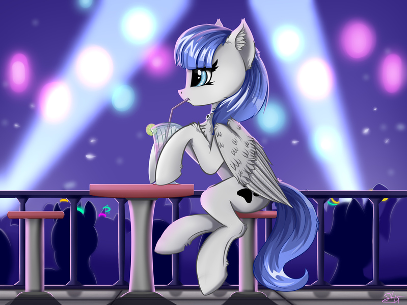 Size: 3850x2890 | Tagged: safe, artist:singovih, derpibooru import, oc, oc:snow pup, pegasus, pony, club, collar, drinking, drinking straw, folded wings, glowstick, light, nightclub, paw prints, pegasus oc, pet tag, railing, rave, silhouettes, sitting, solo, stool, wings