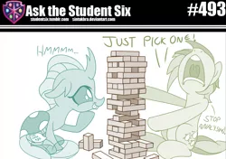 Size: 800x563 | Tagged: safe, artist:sintakhra, derpibooru import, ocellus, sandbar, changedling, changeling, pony, tumblr:studentsix, annoyed, cpu, cpu usage, cute, diaocelles, duo, hmm, hoof on chin, jenga, nose in the air, post-it, sandbar is not amused, spread hooves, text, tongue out, unamused, volumetric mouth